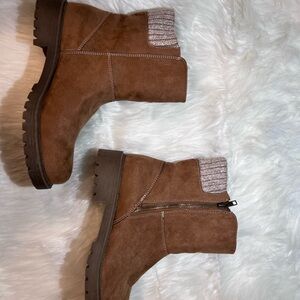 Brown Suede Ankle Boots with Knit Cuff